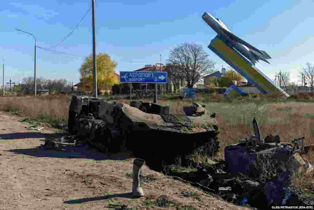 Destroyed Russian armor lies near the road to the Chornobaivka airfield near Kherson on November 15. Much of Kherson's infrastructure was destroyed during the eight months of Russian occupation.