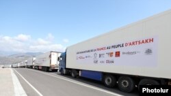 A French humanitarian aid convoy is stuck at the entrance to the Lachin Corridor last month.