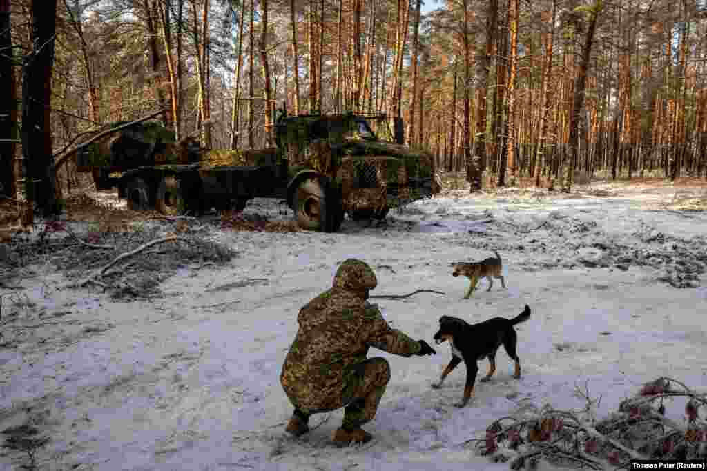 A soldier from Ukraine's 45th Artillery Brigade feeds a stray dog near the Archer self-propelled howitzer. Brigadier General Oleksandr Tarnavskiy was speaking after Republican lawmakers held up a U.S. aid package and Hungary blocked European Union funding for Kyiv as it battles Russia's invasion. 