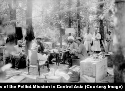 The expedition meets with local dignitaries at a camp in Osh.