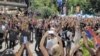 Demonstrators in the city of Valjevo protest against lithium mining in Serbia on August 19. 