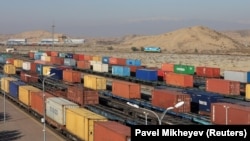 Trains loaded with containers at the Altynkol railway station on the Kazakh side of the Khorgos border crossing point.