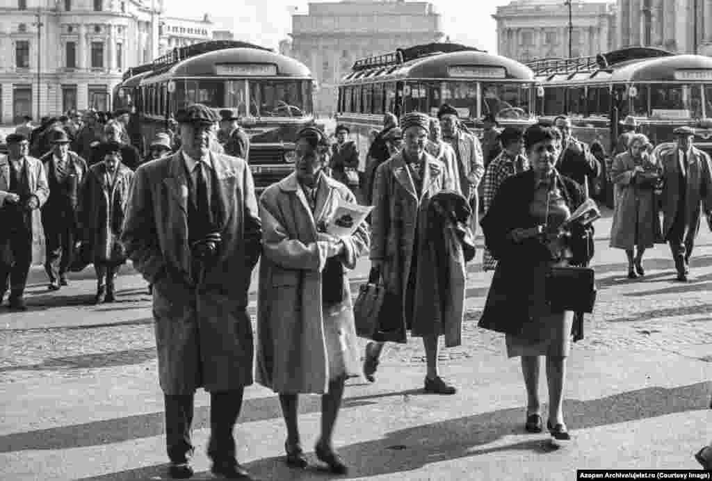 This photo, of American tourists in Bucharest in 1961, accompanied a glowing feature on foreign tourism that promised "attention, kindness, and comfort" for foreign travelers. In fact, by the 1980s, tourists were largely avoided by everyday Romanians since any interaction with foreigners required that a report be filed with the police.