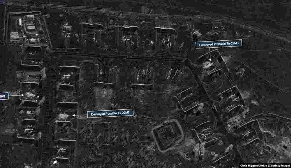 Another satellite image shows the Belaya air base before and after the Ukrainian drone attack.