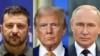 Ukrainian President Volodymyr Zelensky (left) says he is ready to sit down for peace talks in Budapest with US President Donald Trump (center), and Russian President Vladimir Putin. (composite file photo)