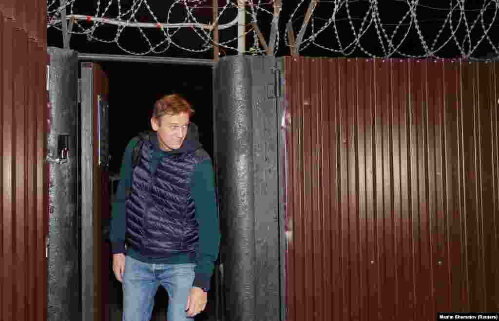 Navalny leaves a Moscow jail in October 2018 after serving 20 days on charges of staging illegal protests. 