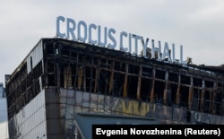 The remains of the Crocus concert hall near Moscow after the deadly attack on March 29.