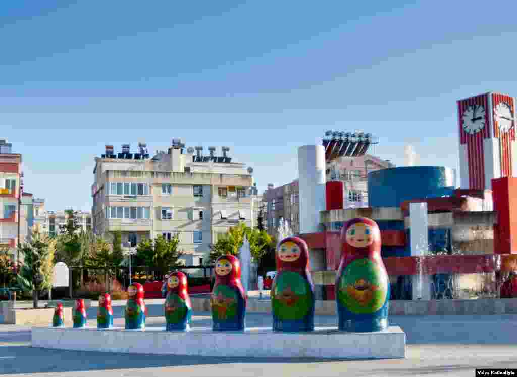 The Matryoshka Park, with its oversized Russian nesting dolls and the white, blue, and red of the Russian tricolor, is located in Antalya's Konyaalti district.